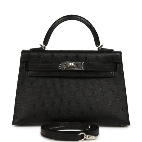 Hermes Kelly Sellier 20 Black Ostrich Palladium Hardware