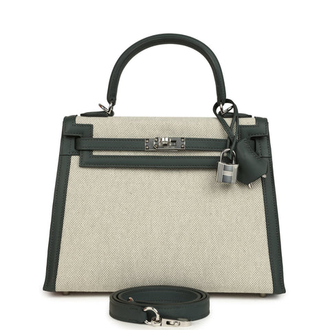 Hermes Kelly Sellier 25 Vert Mangrove and Ecru & Vert Amande Toile H Canvas Palladium Hardware