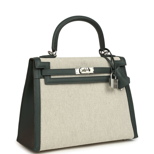 Hermes Kelly Sellier 25 Vert Mangrove and Ecru & Vert Amande Toile H Canvas Palladium Hardware