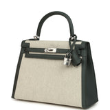 Hermes Kelly Sellier 25 Vert Mangrove and Ecru & Vert Amande Toile H Canvas Palladium Hardware - Thumbnail View 5