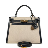 Vintage Hermes Kelly Sellier 28 Bleu Marine Box and Beige-Ecru Toile H Canvas Gold Hardware