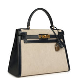 Vintage Hermes Kelly Sellier 28 Bleu Marine Box and Beige-Ecru Toile H Canvas Gold Hardware