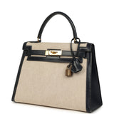 Vintage Hermes Kelly Sellier 28 Bleu Marine Box and Beige-Ecru Toile H Canvas Gold Hardware
