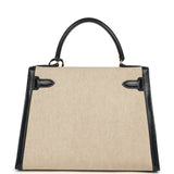 Vintage Hermes Kelly Sellier 28 Bleu Marine Box and Beige-Ecru Toile H Canvas Gold Hardware