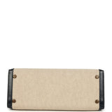 Vintage Hermes Kelly Sellier 28 Bleu Marine Box and Beige-Ecru Toile H Canvas Gold Hardware