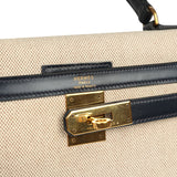 Vintage Hermes Kelly Sellier 28 Bleu Marine Box and Beige-Ecru Toile H Canvas Gold Hardware