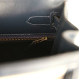 Vintage Hermes Kelly Sellier 28 Bleu Marine Box and Beige-Ecru Toile H Canvas Gold Hardware