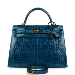 Pre-owned Hermes Kelly Sellier 32 Blue Izmir Shiny Niloticus Crocodile Gold Hardware