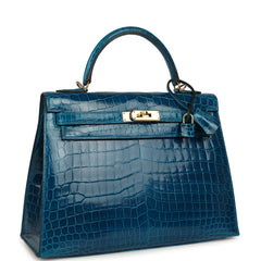 Pre-owned Hermes Kelly Sellier 32 Blue Izmir Shiny Niloticus Crocodile Gold Hardware