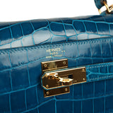Pre-owned Hermes Kelly Sellier 32 Blue Izmir Shiny Niloticus Crocodile Gold Hardware - Thumbnail View 7