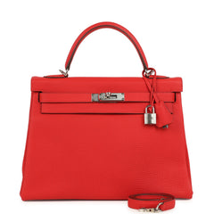 Pre-owned Hermes Kelly Retourne 32 Rouge De Couer Togo Palladium Hardware