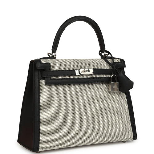 Hermes Kelly Sellier 25 Ecru & Black Toile H Canvas and Black Swift Palladium Hardware