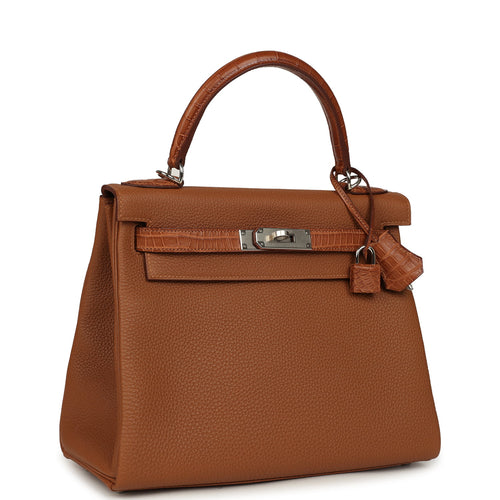 Hermes Kelly Retourne 28 Gold Togo and Matte Porosus Crocodile Touch Palladium Hardware