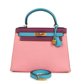 Pre-owned Hermes Special Order (HSS) Kelly Sellier 28 Rose Confetti, Anemone and Bleu Aztec Chevre Mysore Brushed Gold Hardware