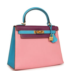Pre-owned Hermes Special Order (HSS) Kelly Sellier 28 Rose Confetti, Anemone and Bleu Aztec Chevre Mysore Brushed Gold Hardware