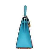 Pre-owned Hermes Special Order (HSS) Kelly Sellier 28 Rose Confetti, Anemone and Bleu Aztec Chevre Mysore Brushed Gold Hardware