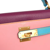 Pre-owned Hermes Special Order (HSS) Kelly Sellier 28 Rose Confetti, Anemone and Bleu Aztec Chevre Mysore Brushed Gold Hardware