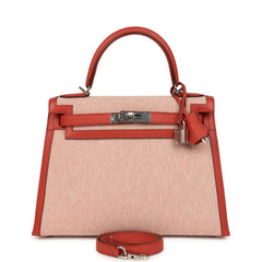 Hermes Kelly Sellier 28 Sanguine Swift and Ecru-Sanguine Toile H Canvas Palladium Hardware