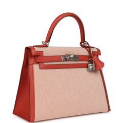 Hermes Kelly Sellier 28 Sanguine Swift and Ecru-Sanguine Toile H Canvas Palladium Hardware