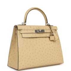 Pre-owned Hermes Kelly Sellier 28 Parchemin Ostrich Palladium Hardware