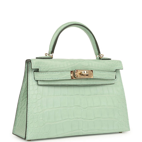 Hermes Special Order (HSS) Kelly Sellier 20 Vert D'eau Verso Matte Alligator Permabrass Hardware
