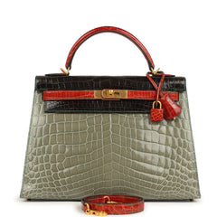 Pre-owned Hermes Special Order (HSS) Kelly Sellier 32 Graphite, Gris Tourterelle and Geranium Shiny Niloticus Crocodile Brushed Gold Hardware