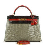 Pre-owned Hermes Special Order (HSS) Kelly Sellier 32 Graphite, Gris Tourterelle and Geranium Shiny Niloticus Crocodile Brushed Gold Hardware - Thumbnail View 1