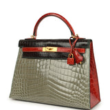 Pre-owned Hermes Special Order (HSS) Kelly Sellier 32 Graphite, Gris Tourterelle and Geranium Shiny Niloticus Crocodile Brushed Gold Hardware - Thumbnail View 5