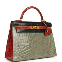 Pre-owned Hermes Special Order (HSS) Kelly Sellier 32 Graphite, Gris Tourterelle and Geranium Shiny Niloticus Crocodile Brushed Gold Hardware
