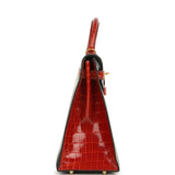 Pre-owned Hermes Special Order (HSS) Kelly Sellier 32 Graphite, Gris Tourterelle and Geranium Shiny Niloticus Crocodile Brushed Gold Hardware - Thumbnail View 3
