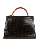 Pre-owned Hermes Special Order (HSS) Kelly Sellier 32 Graphite, Gris Tourterelle and Geranium Shiny Niloticus Crocodile Brushed Gold Hardware - Thumbnail View 4