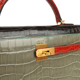 Pre-owned Hermes Special Order (HSS) Kelly Sellier 32 Graphite, Gris Tourterelle and Geranium Shiny Niloticus Crocodile Brushed Gold Hardware - Thumbnail View 7