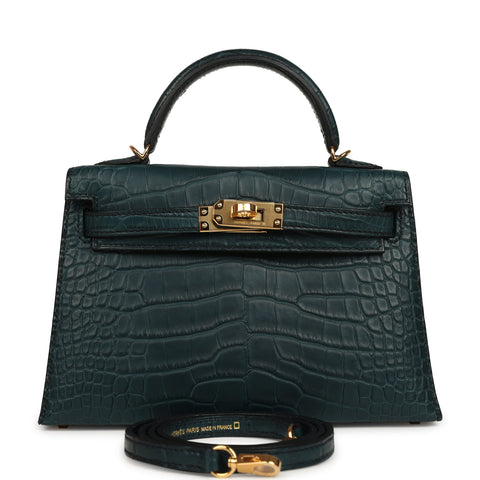 Hermes Kelly Sellier 20 Vert Rousseau Matte Alligator Gold Hardware