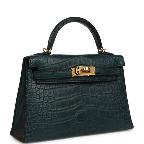 Hermes Kelly Sellier 20 Vert Rousseau Matte Alligator Gold Hardware