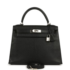 Vintage Hermes Kelly Sellier 28 Black Chevre De Coromandel Palladium Hardware