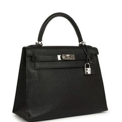 Vintage Hermes Kelly Sellier 28 Black Chevre De Coromandel Palladium Hardware