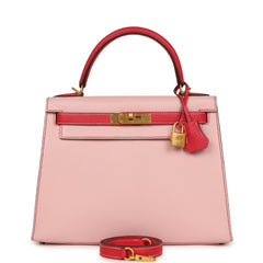Pre-owned Hermes HSS Kelly Sellier 28 Rose Sakura and Rose Extreme Chevre Brushed Gold Hardware