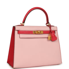 Pre-owned Hermes HSS Kelly Sellier 28 Rose Sakura and Rose Extreme Chevre Brushed Gold Hardware