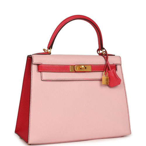 Pre-owned Hermes Special Order (HSS) Kelly Sellier 28 Rose Sakura and Rose Extreme Chevre Brushed Gold Hardware