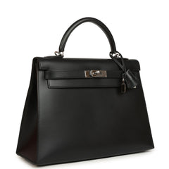 Vintage Hermes Kelly Sellier 32 Black Tadelakt Palladium Hardware