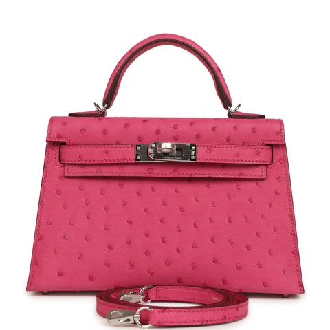 Hermes Kelly Sellier 20 Rose Tyrien Ostrich Palladium Hardware