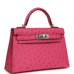 Hermes Kelly Sellier 20 Rose Tyrien Ostrich Palladium Hardware