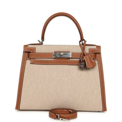 Hermes Kelly Sellier 25 Gold Swift and Ecru Beige Toile H Canvas Palladium Hardware
