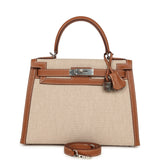 Hermes Kelly Sellier 25 Gold Swift and Ecru Beige Toile H Canvas Palladium Hardware - Thumbnail View 1