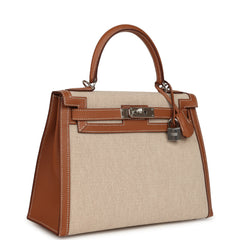 Hermes Kelly Sellier 25 Gold Swift and Ecru Beige Toile H Canvas Palladium Hardware