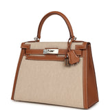 Hermes Kelly Sellier 25 Gold Swift and Ecru Beige Toile H Canvas Palladium Hardware - Thumbnail View 5