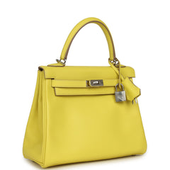 Pre-owned Hermes Kelly Retourne 25 Lime Swift Palladium Hardware
