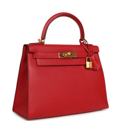 Pre-owned Hermes Kelly Sellier 28 Rouge Casaque Epsom Gold Hardware