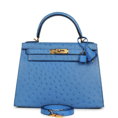 Pre-owned Hermes Kelly Sellier 28 Bleuet Ostrich Gold Hardware