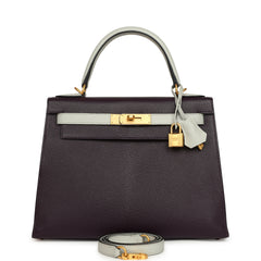Pre-owned Hermes Special Order (HSS) Kelly Sellier 28 Raisin and Gris Perle Chevre Brushed Gold Hardware